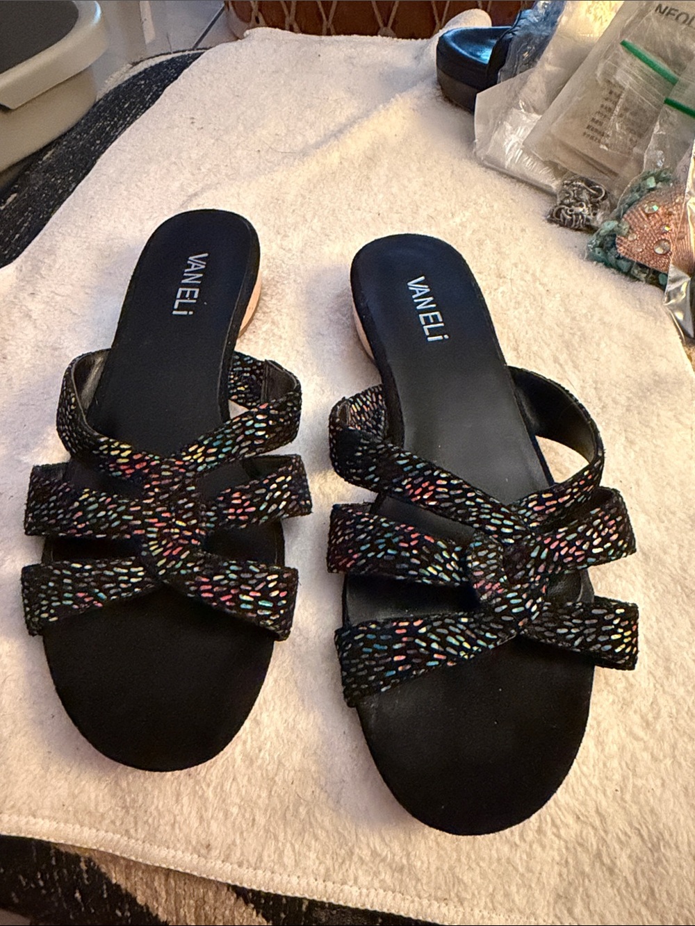 Vaneli Black Slide Sandals with Multicolor Beaded Straps
